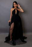 Convertible Tulle Plunge Bottom Mesh Black Maxi Dress