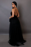 Convertible Tulle Plunge Bottom Mesh Black Maxi Dress