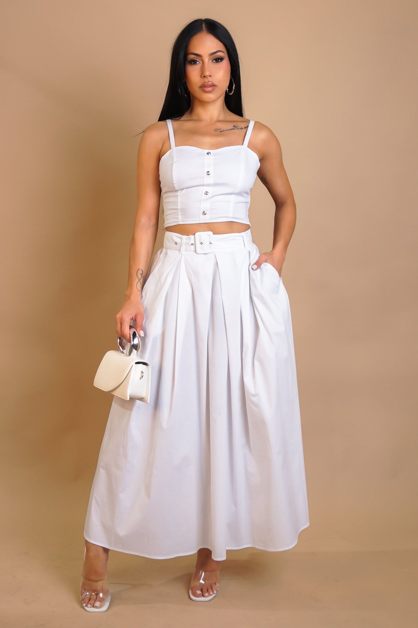Belted Pleated Skirt Set- White