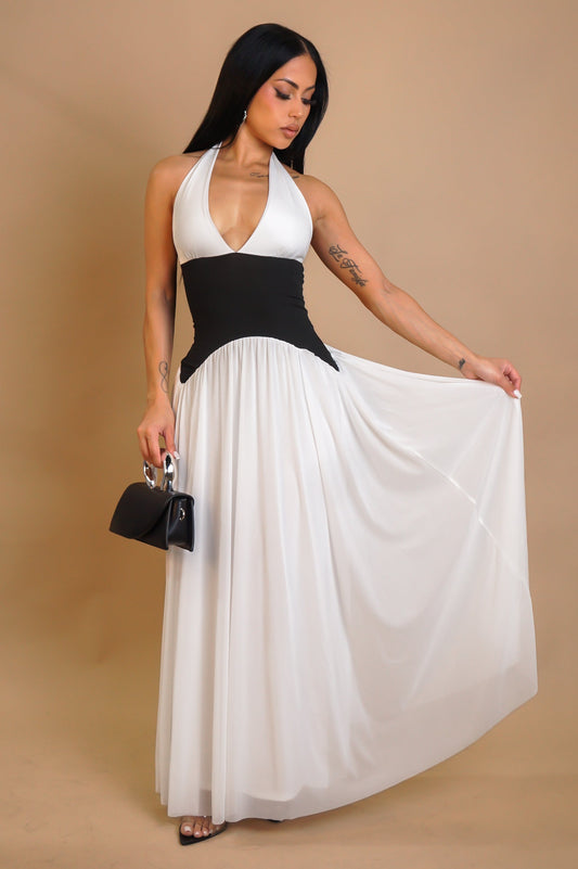Black & White Contrast Halter Neck Maxi Dress