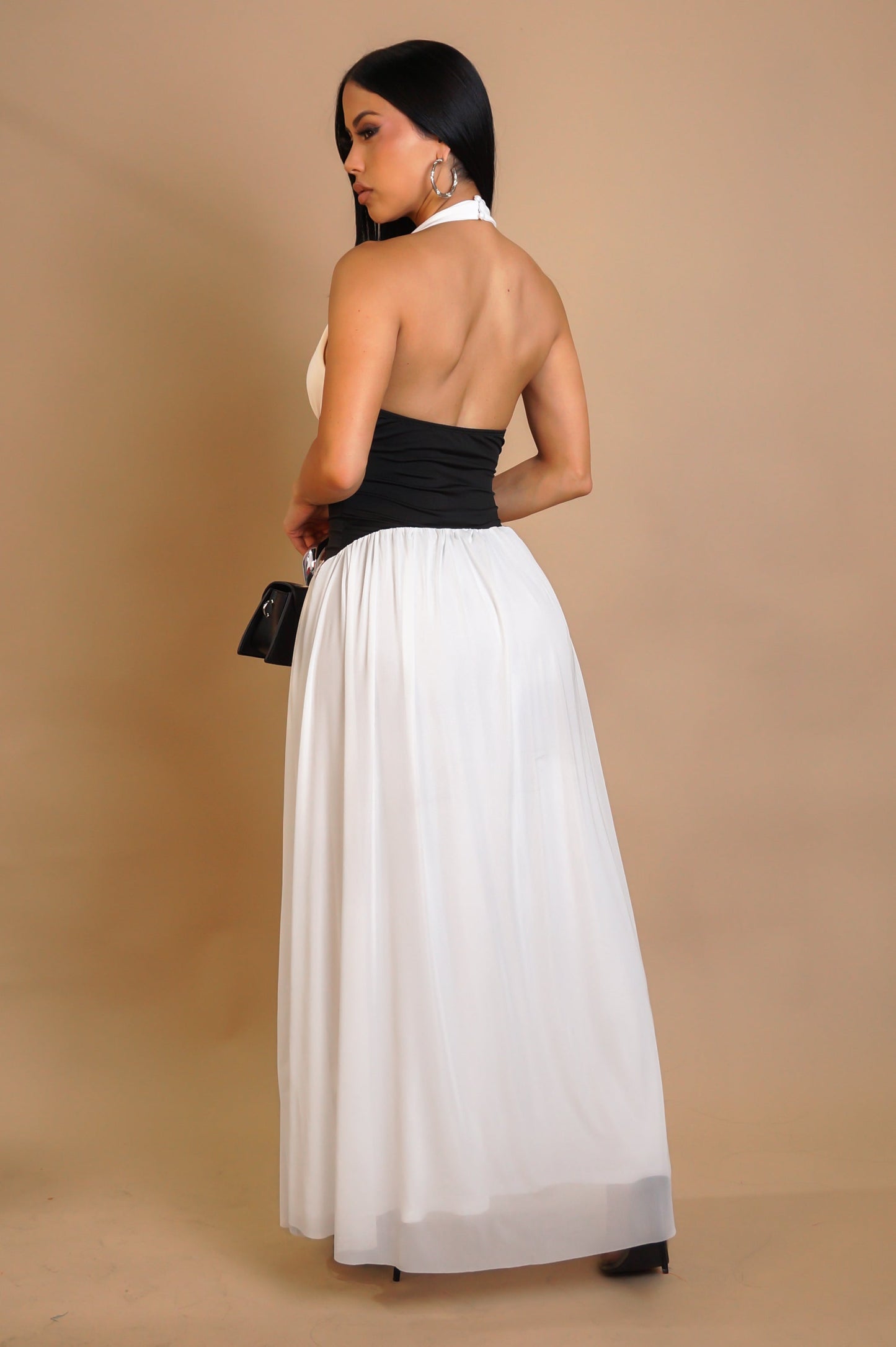 Black & White Contrast Halter Neck Maxi Dress