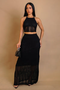 Knit Maxi Skirt & Open Back Top Set- Black