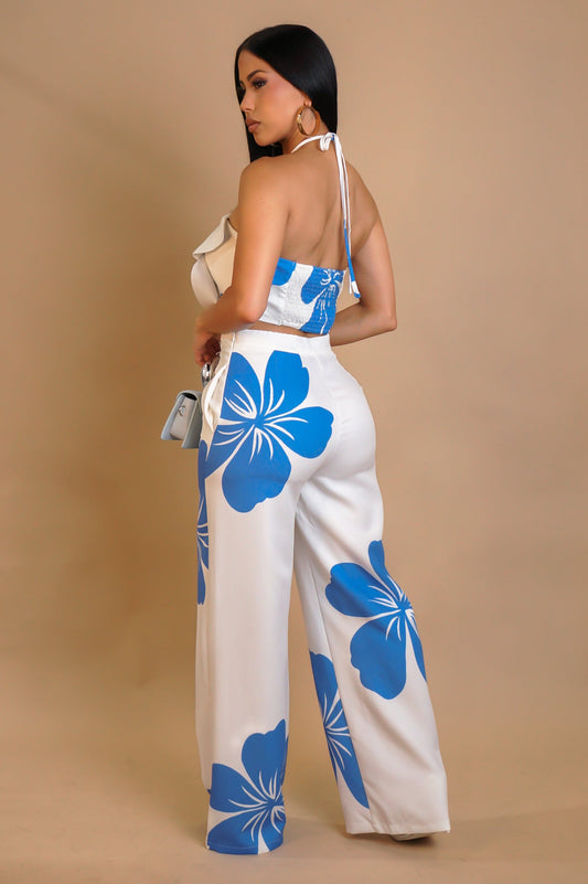 Flower Petal Resort Pants Set- Blue