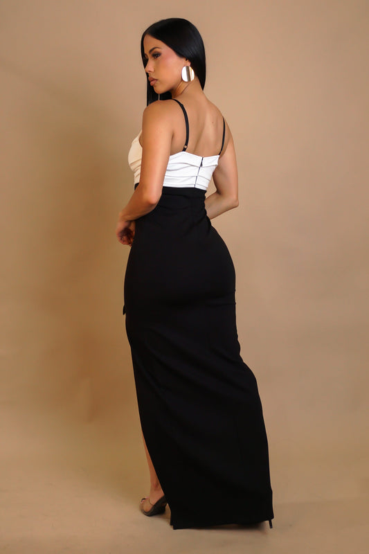 Press Release Slit Black & White Contrast Maxi Dress