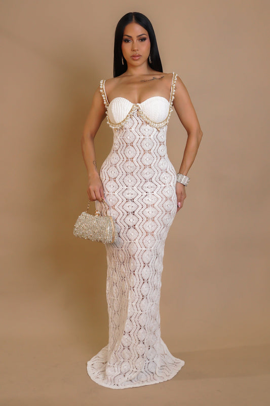 Exquisite Oceana Glow & Pearls Crochet Beachside Maxi Dress- White