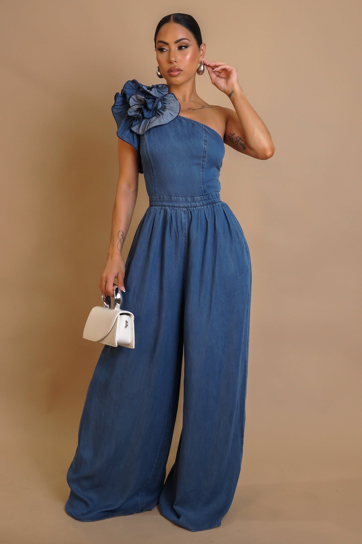 One Shoulder Denim Jumpsuit