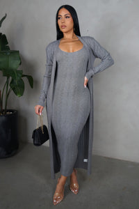 Grey Midi Dress & Cardigan Set