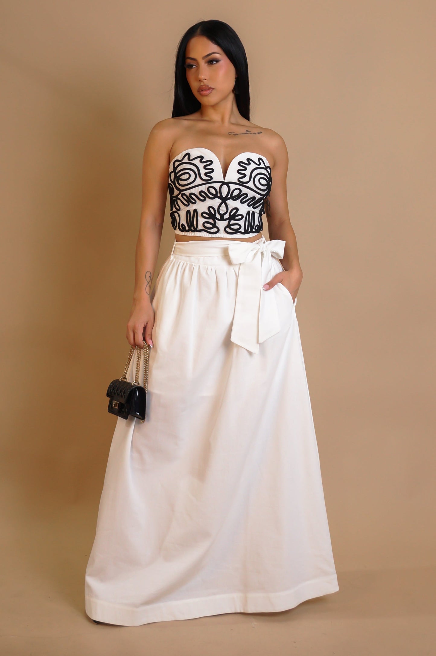 Embroidered Cropped Top & Maxi Skirt Set- White