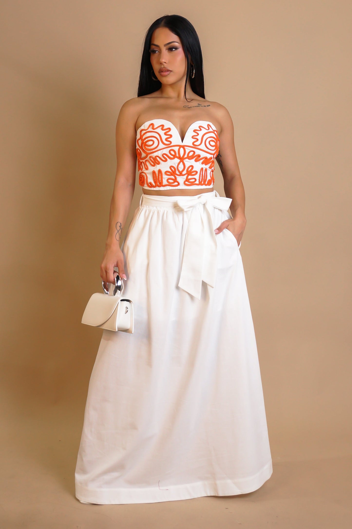 Embroidered Cropped Top & Maxi Skirt Set- Orange