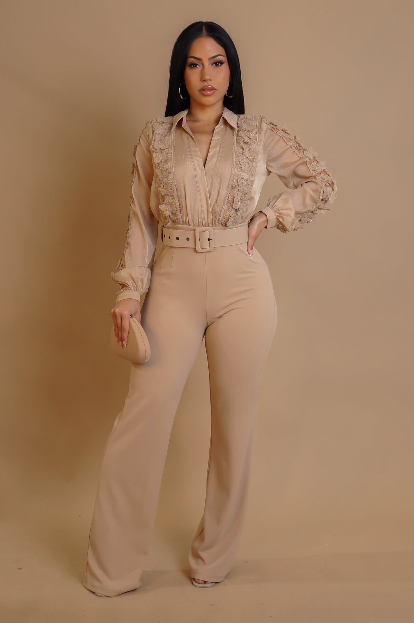 Butterfly Embroidered Top Jumpsuit-Nude