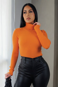 Long Sleeve Ribbed Orange Turtle Neck Top