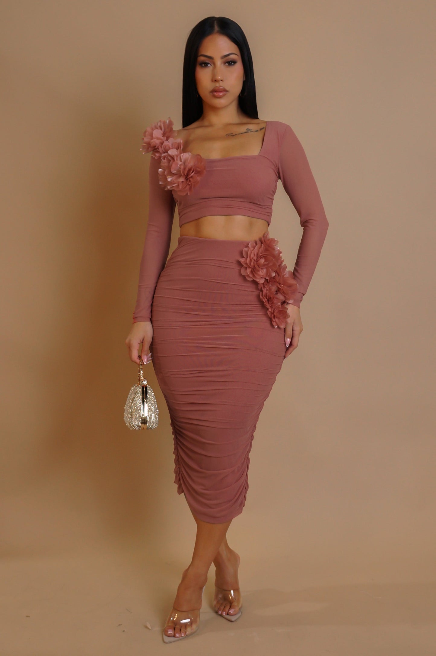 3D Flower Patched Skirt Set- Pink