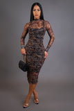 Leopard Print & Brown Mesh Rushed Midi Dress