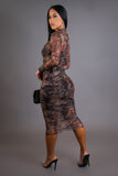 Leopard Print & Brown Mesh Rushed Midi Dress