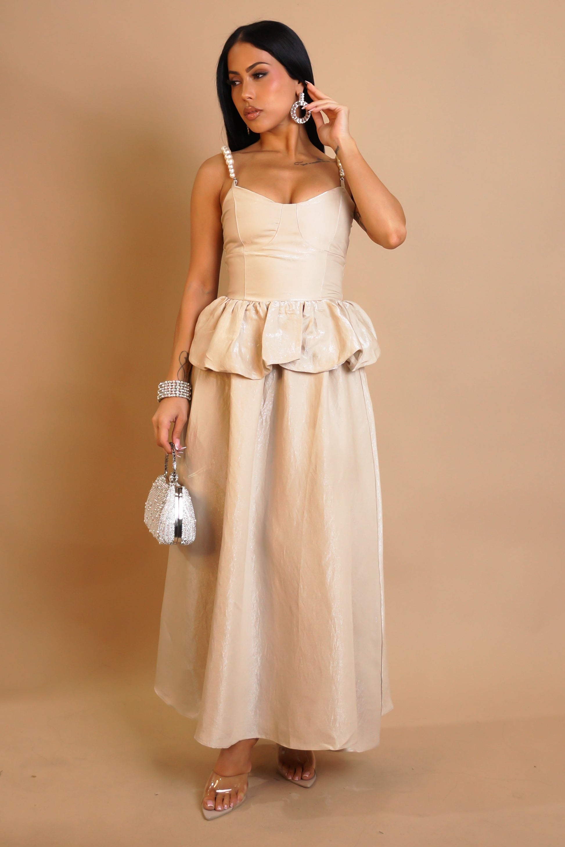 champagne peplum dress Champagne Sheath Applique Draped Column Peplum Evening Dress