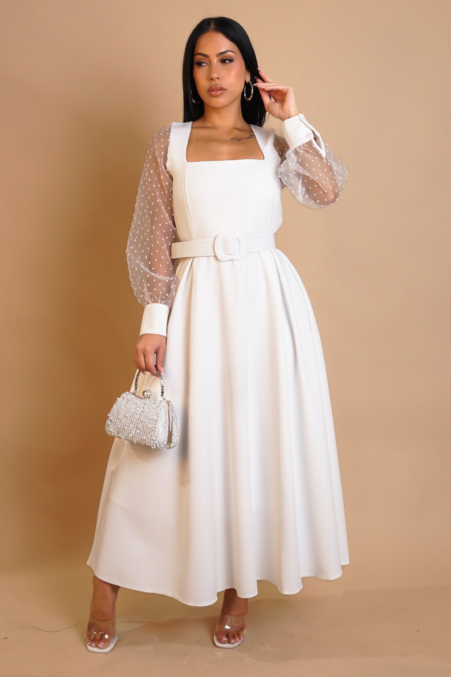 Take Me to Church Belted Midi Dress- White