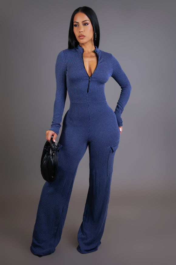 Blue Ribbed Jumpsuit