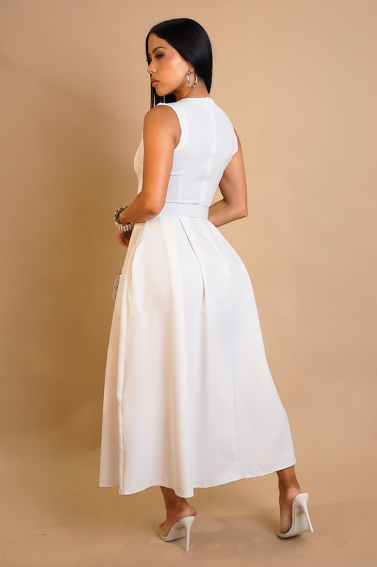No Effort Modest Belted Midi Pleated Dress- White