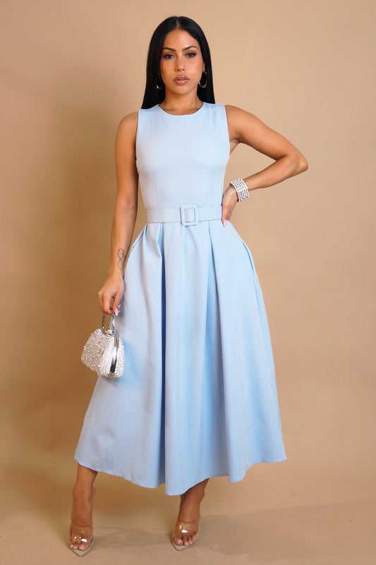 No Effort Modest Belted Midi Pleated Dress- Blue