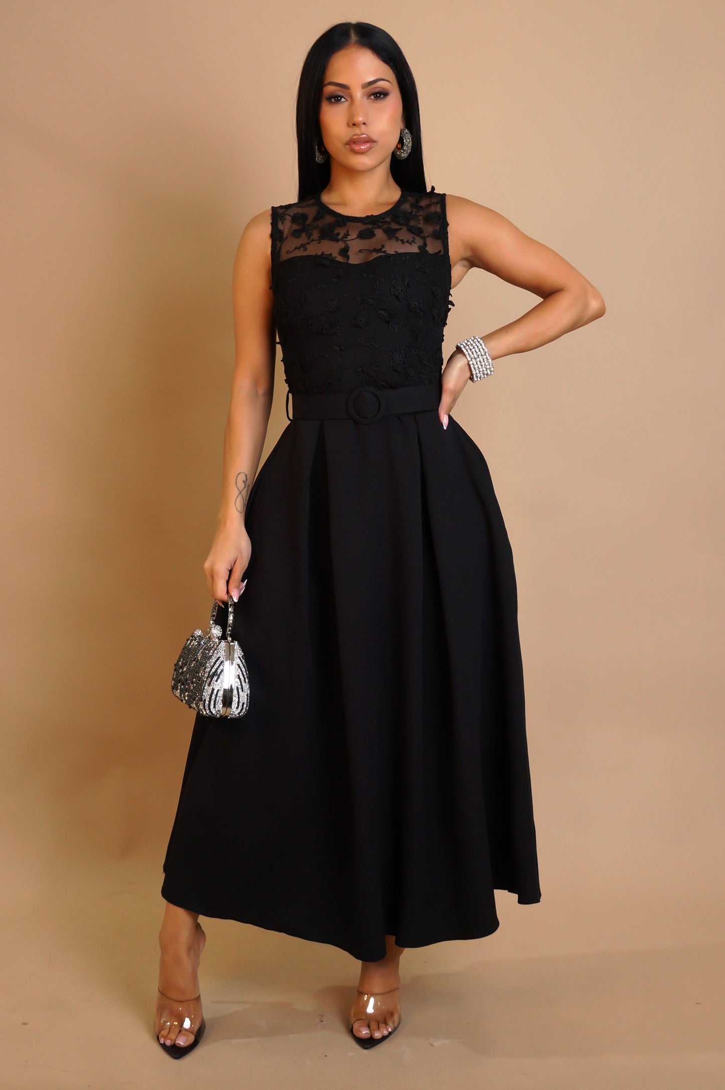 Keep it Polished Laced Top Midi Dress- Black