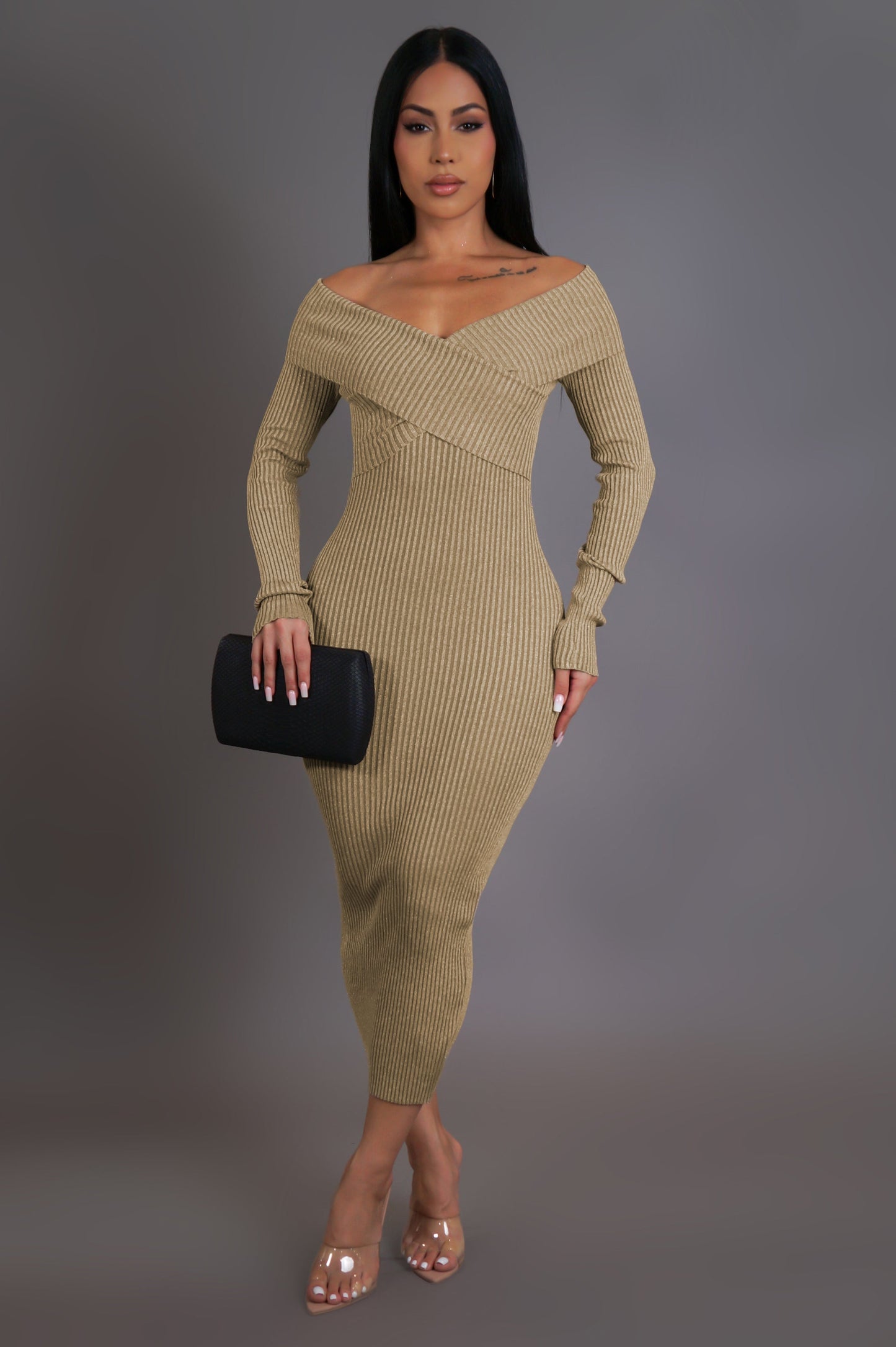 Off Shoulder Criss Cross Long Sleeve Midi Dress