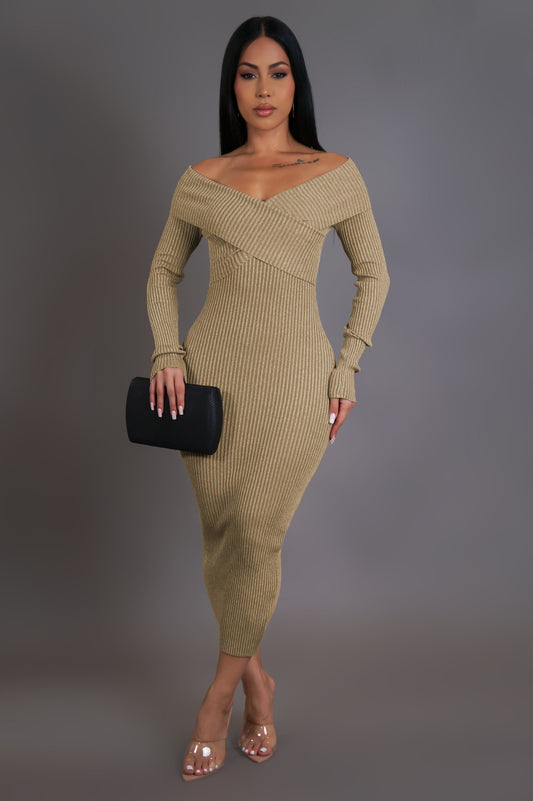 Off Shoulder Criss Cross Long Sleeve Midi Dress