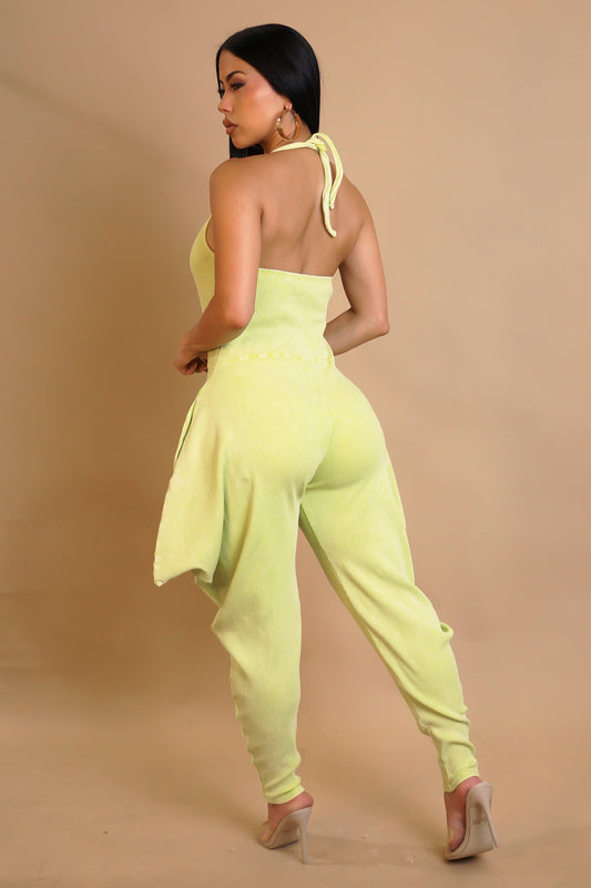 Ribbed Harem Jumpsuit- Lime