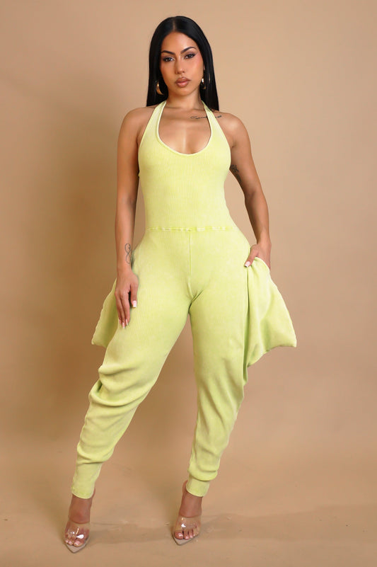 Ribbed Harem Jumpsuit- Lime