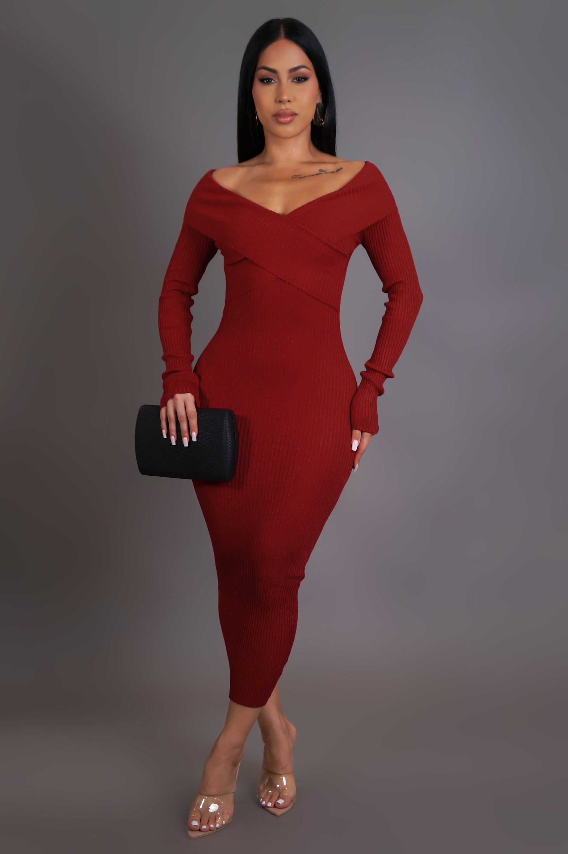 Off Shoulder Criss Cross Long Sleeve Midi Dress M / Black Off Shoulder Criss Cross Long Sleeve Midi Dress M / Black