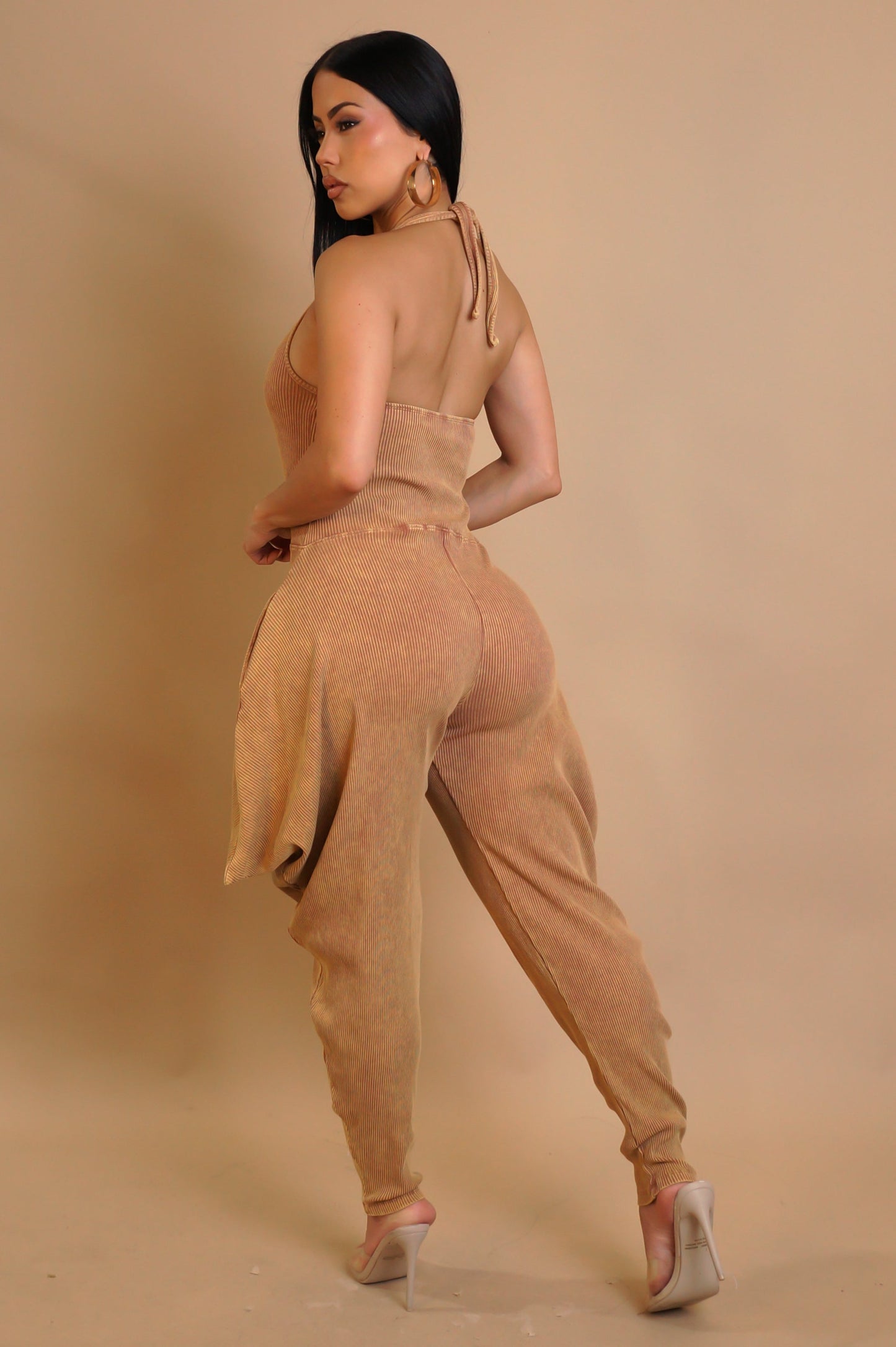 Ribbed Harem Jumpsuit- Brown