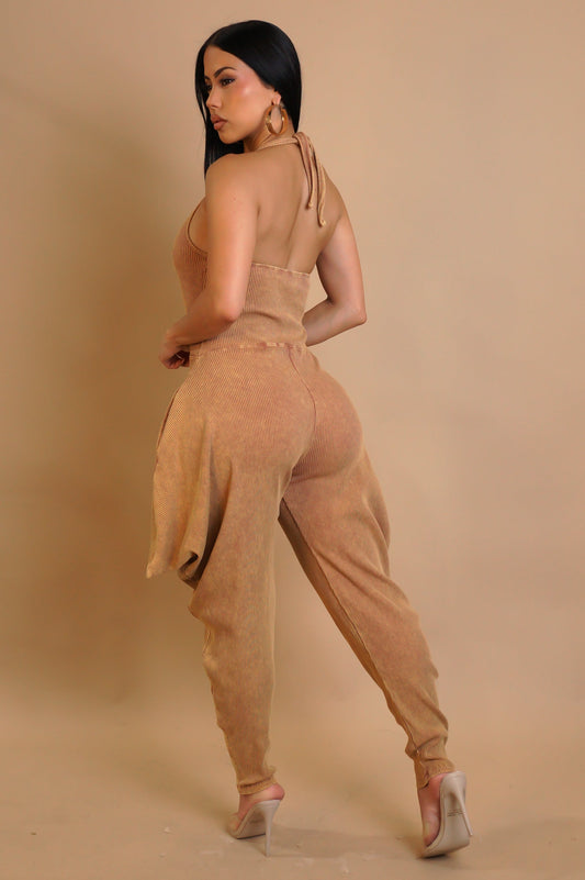 Ribbed Harem Jumpsuit- Brown