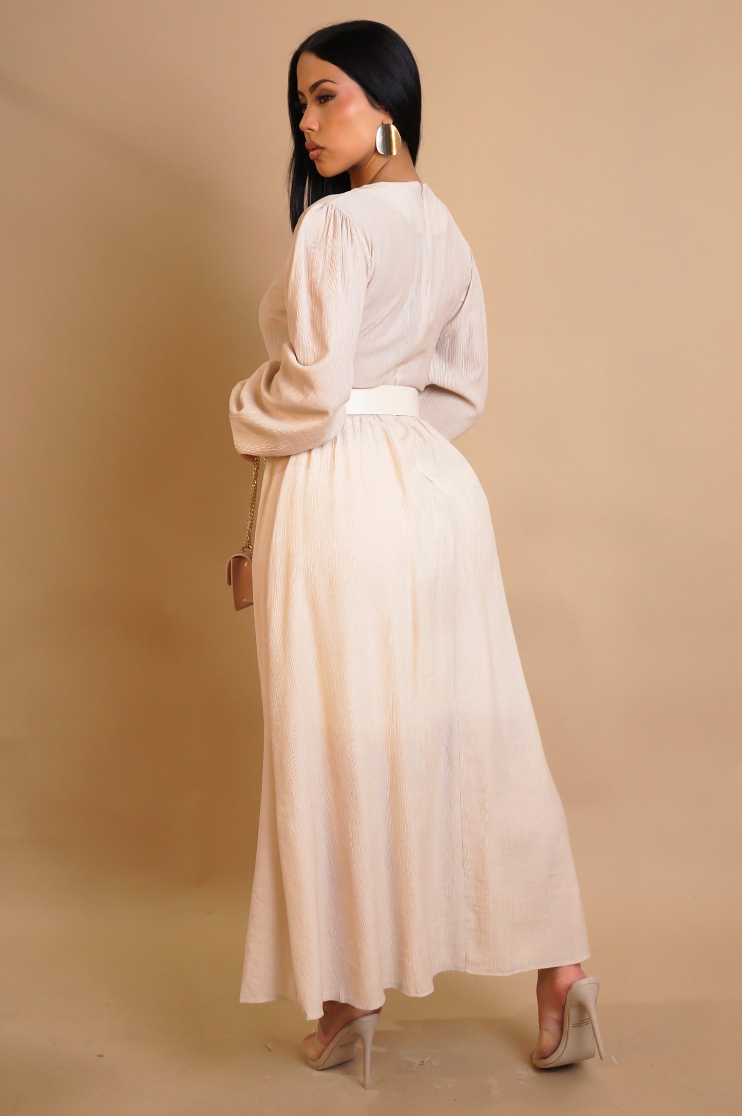 Modest Beige Long Sleeve Midi Dress