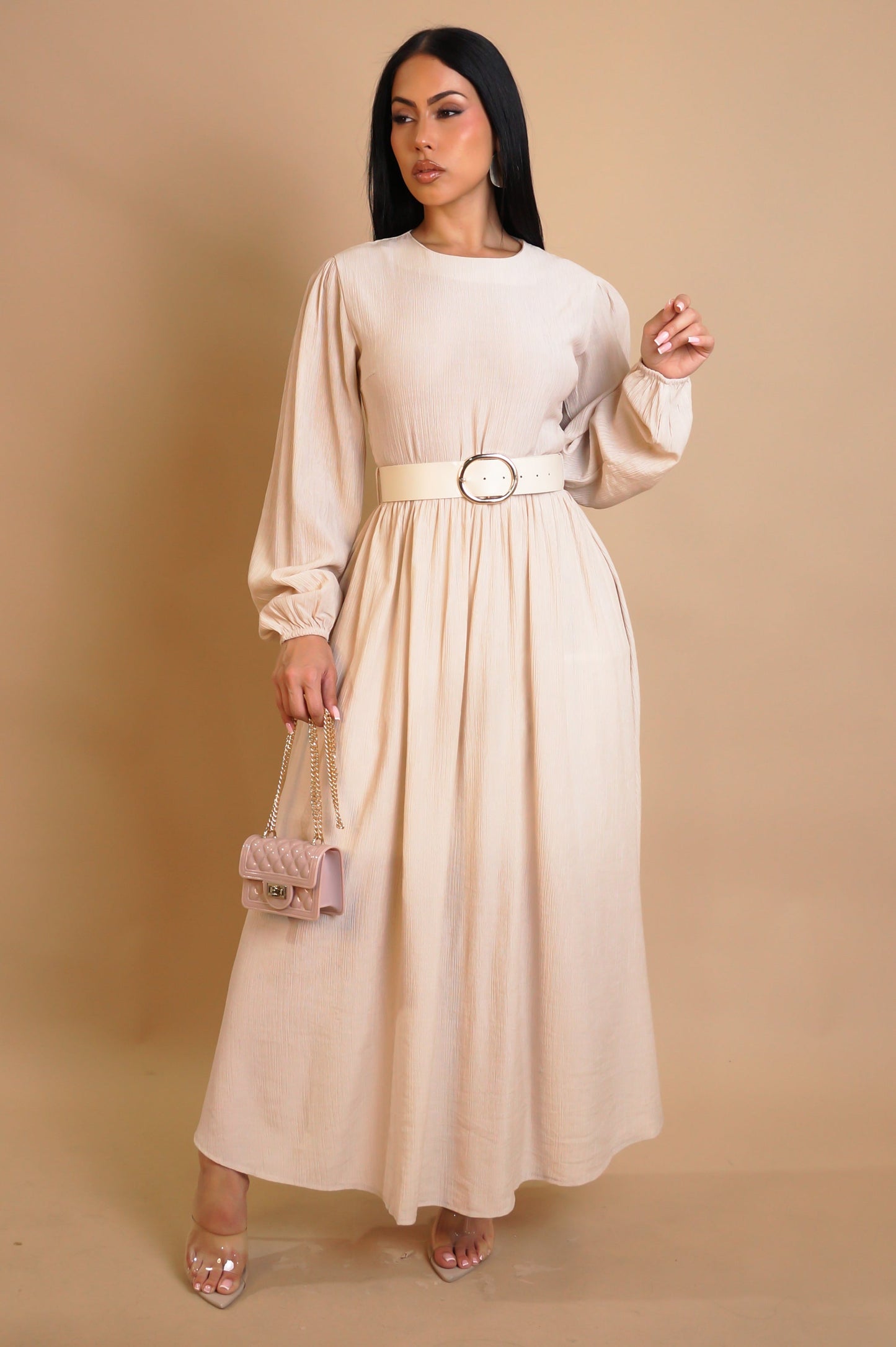 Modest Beige Long Sleeve Midi Dress