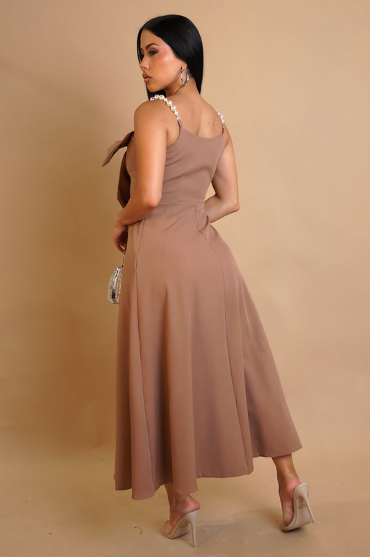 Pearls & Bow Midi Dress- Brown