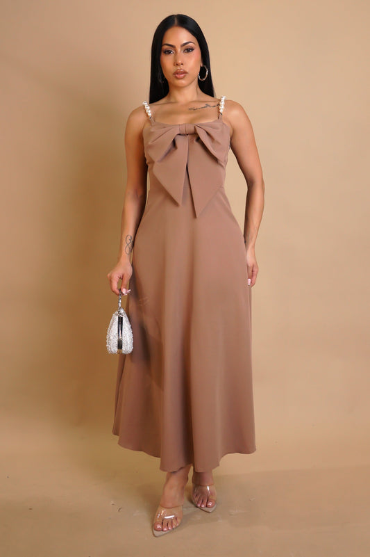 Pearls & Bow Midi Dress- Brown