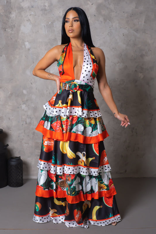 "Fruit Harvest" Tiered Halter Maxi Dress