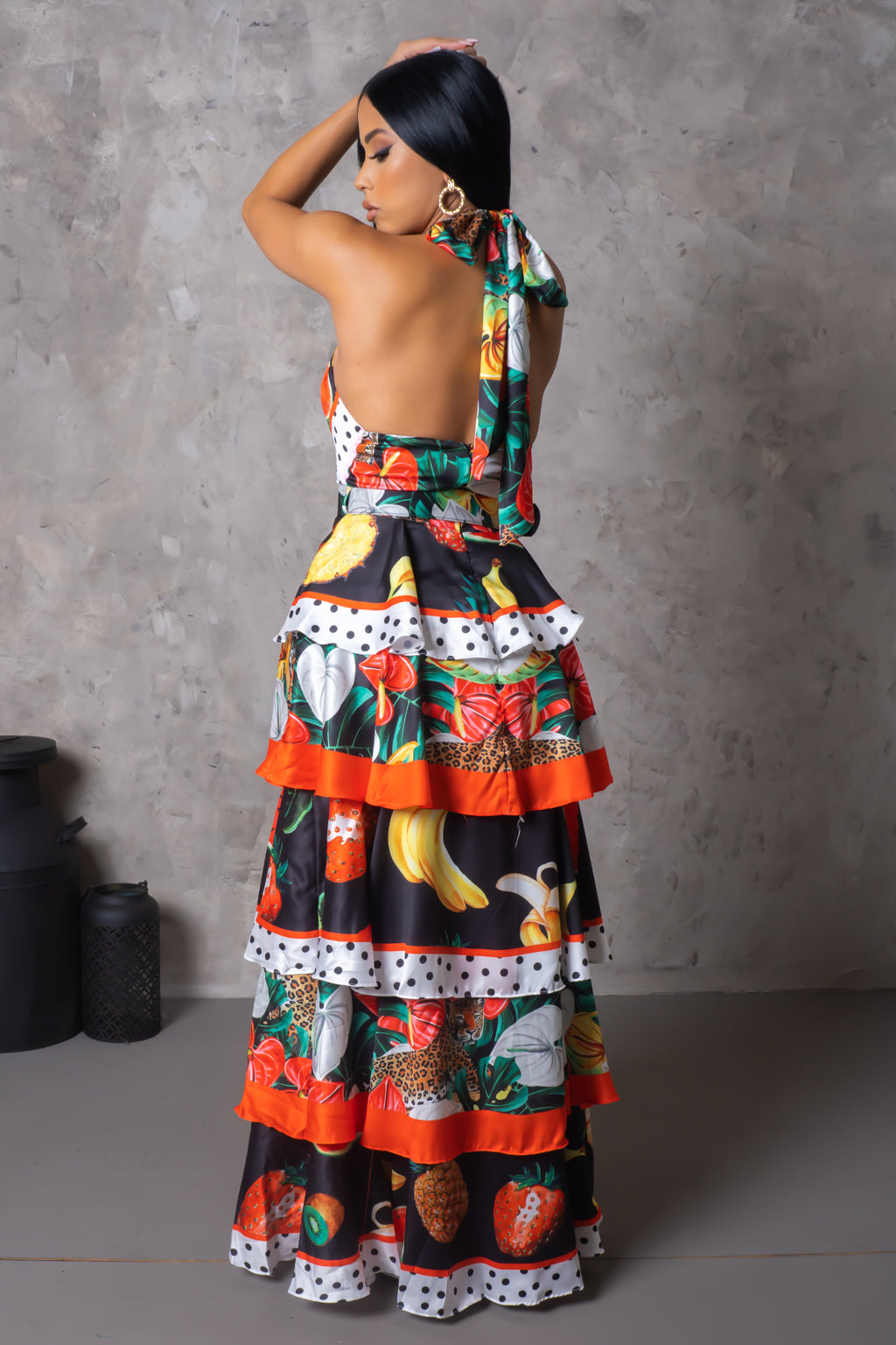 "Fruit Harvest" Tiered Halter Maxi Dress