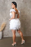 Corset Topped Feathered White Mini Dress