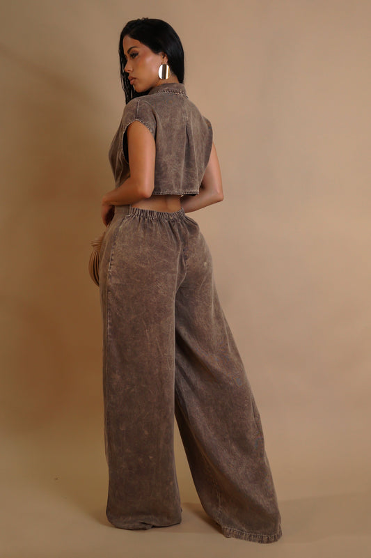 Mineral Wash Loose Jumpsuit- Brown
