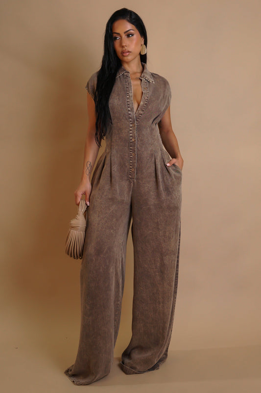 Mineral Wash Loose Jumpsuit- Brown
