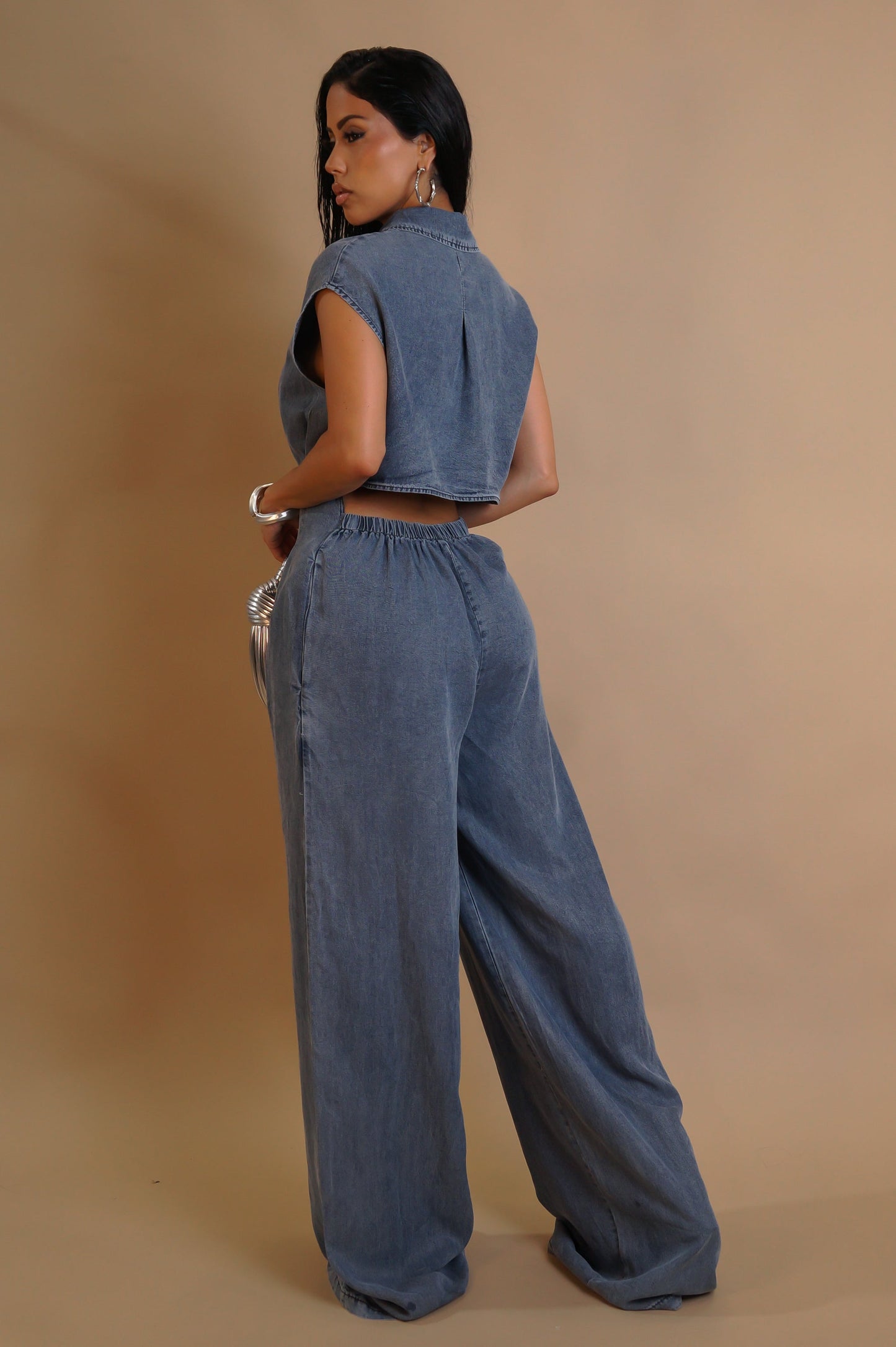 Mineral Wash Loose Jumpsuit- Denim