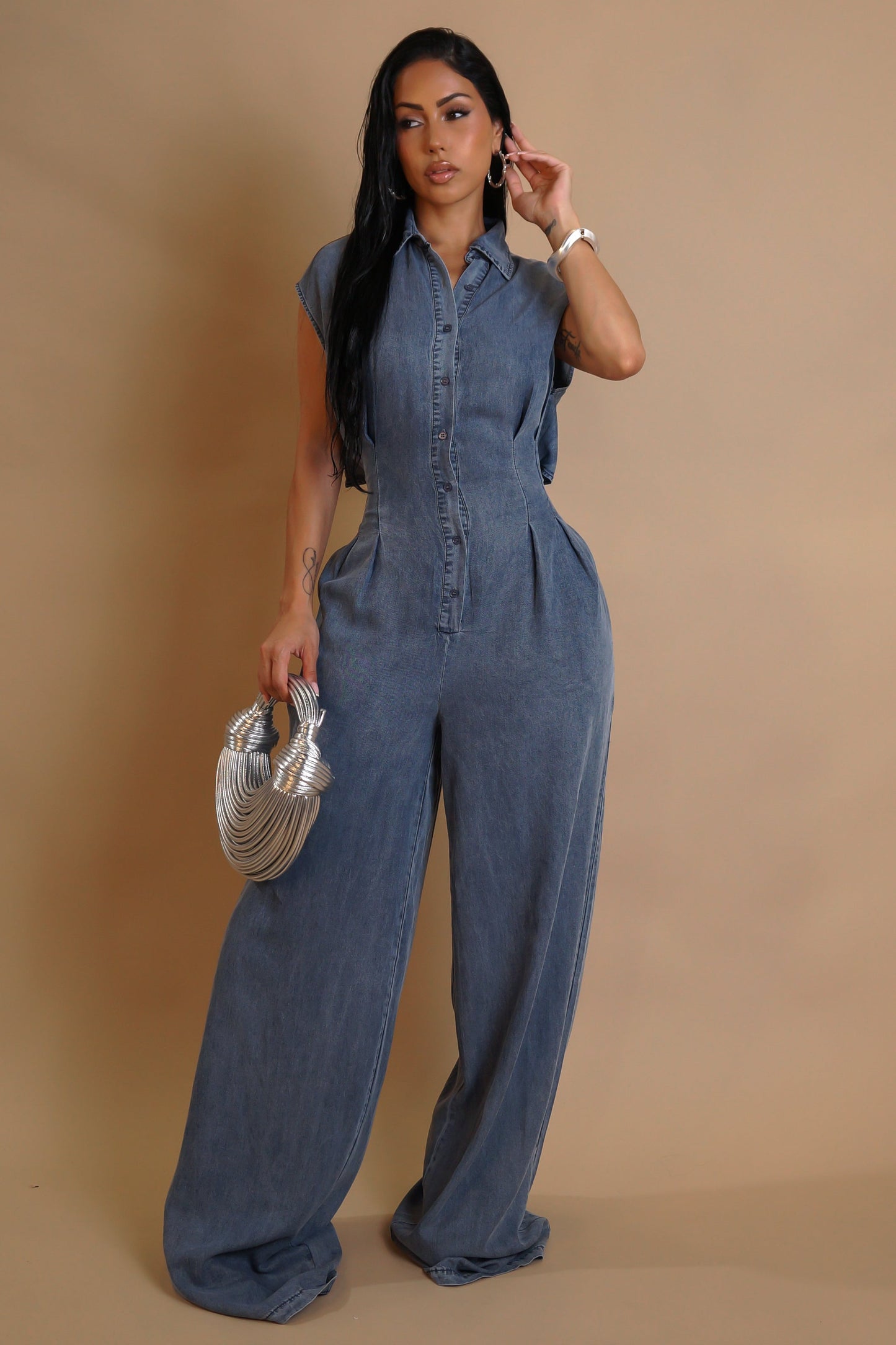 Mineral Wash Loose Jumpsuit- Denim