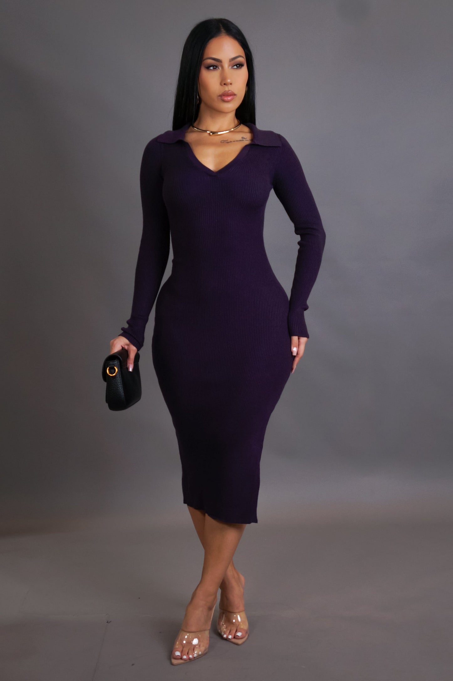 Collar Neck Slit Side Midi Dress