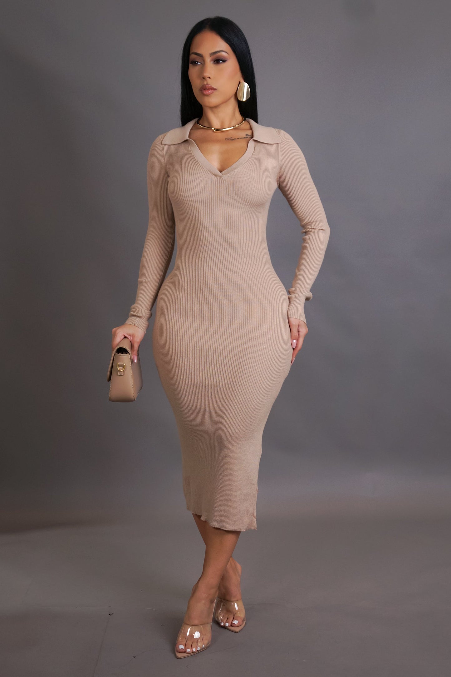Collar Neck Slit Side Midi Dress