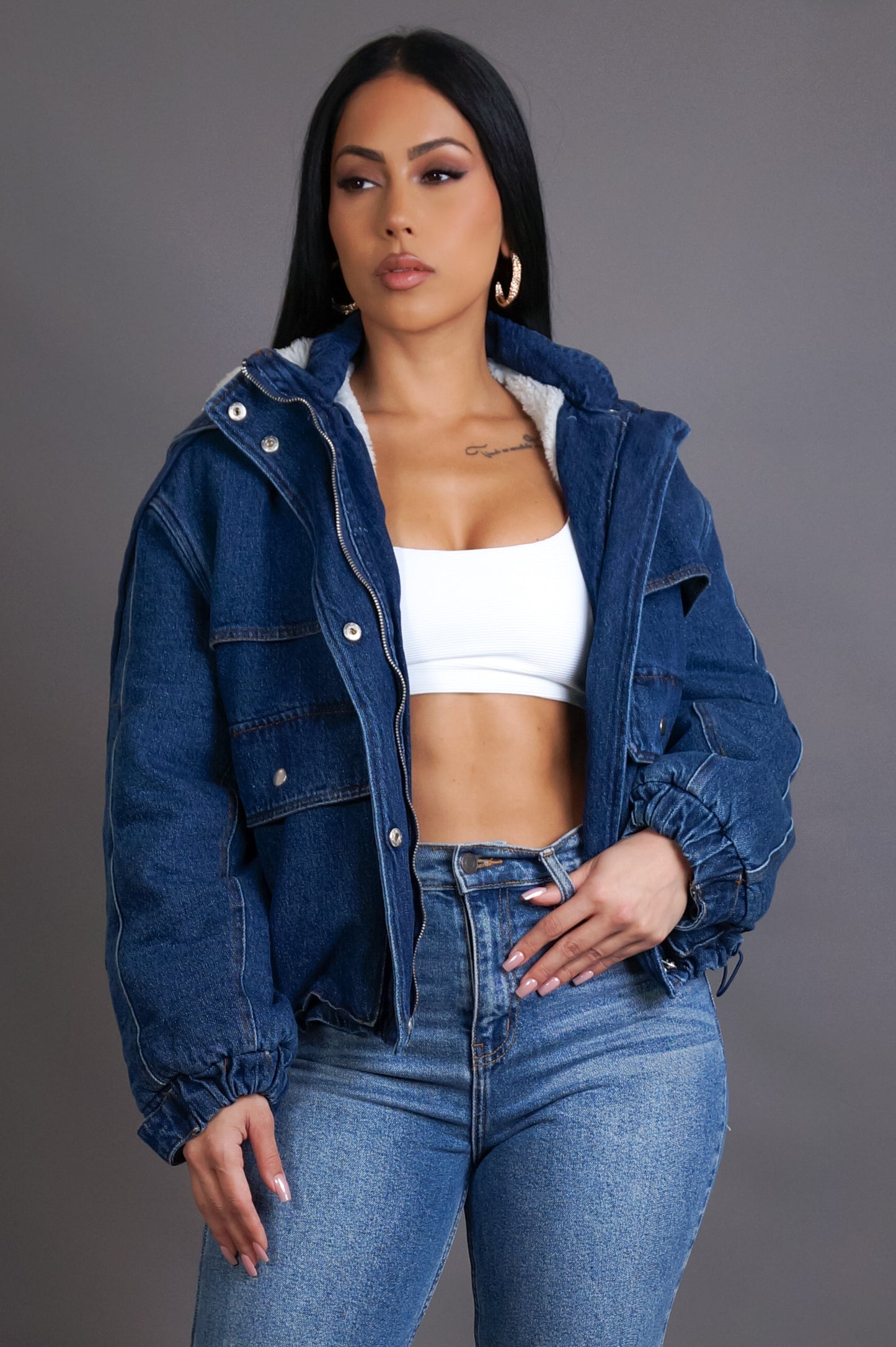 Teddy Lined Hoodie Denim Jacket