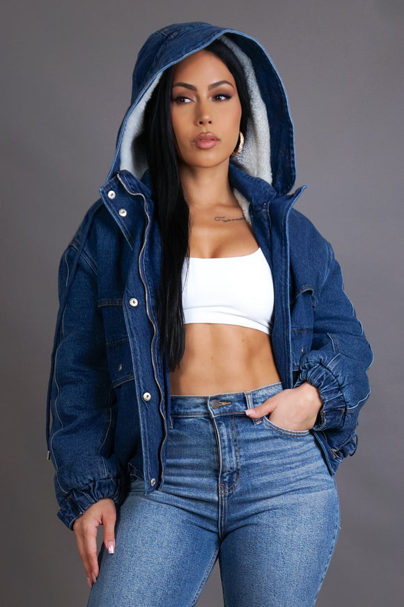 Teddy Lined Hoodie Denim Jacket