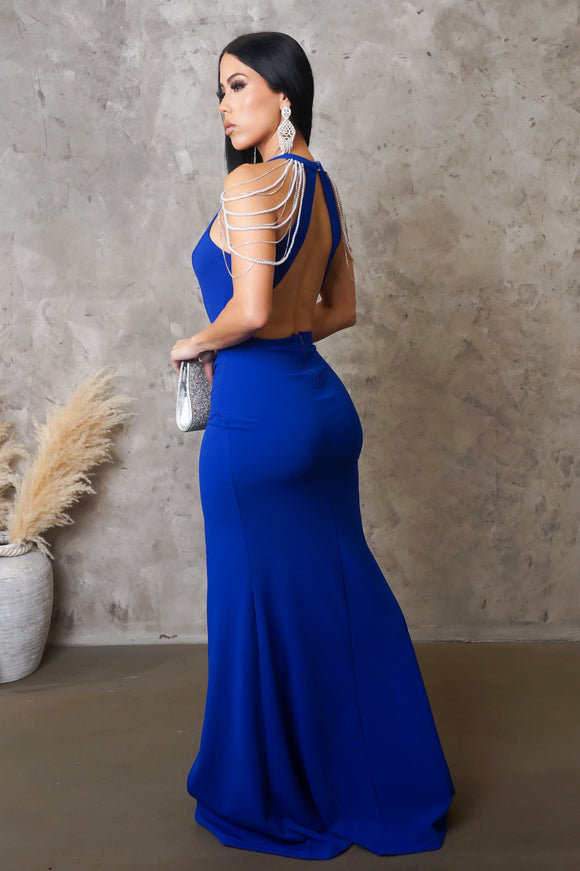 Shoulder Jeweled Blue Maxi Dress