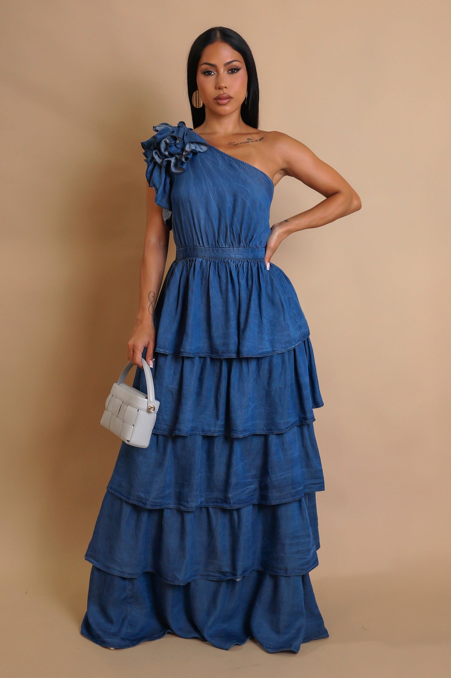 Denim Tiered Maxi One Shoulder Dress