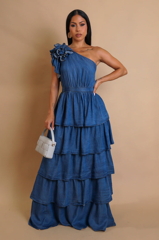 Denim Tiered Maxi One Shoulder Dress