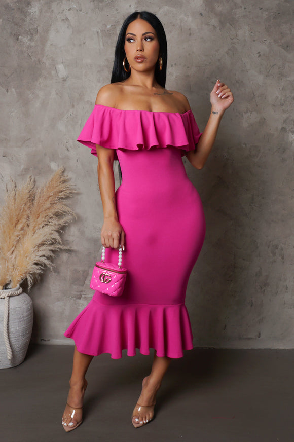 Pink Off Shoulder Ruffle Midi Dress